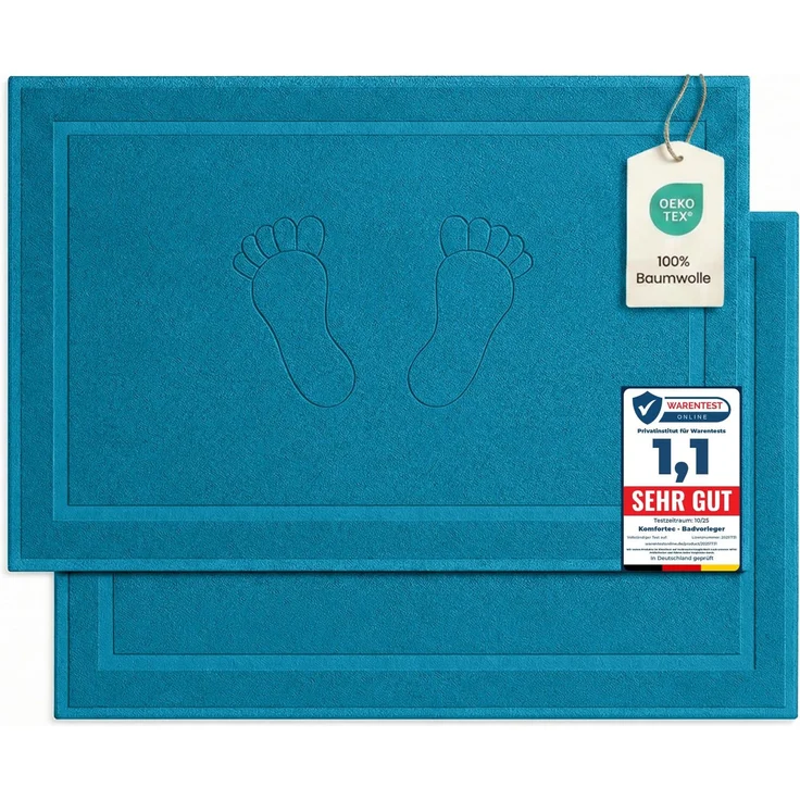 Komfortec Badvorleger Set 2 Teilig, Frottee Duschvorleger, Waschbar Duschmatte & Badteppich, 800 g/m² &100% Baumwolle, Saugfähig & Schnelltrocknend, 50x80 cm, Türkis
