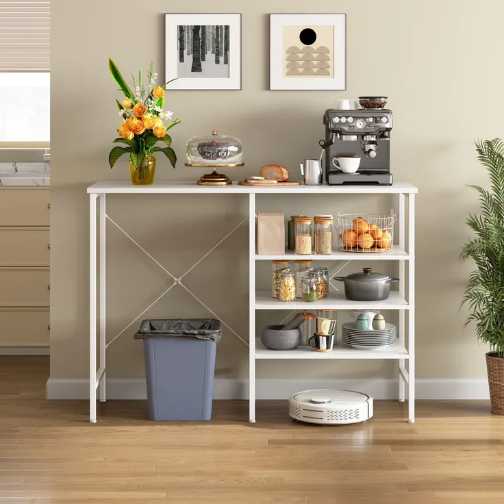 ZUBALIYA Ablagetisch 120 x 40 x 85,5 cm – flexibel montierbare Regale, Metallrahmen mit X-Verstrebung, höhenverstellbare Standfüße, MDF, Metall, Weiß