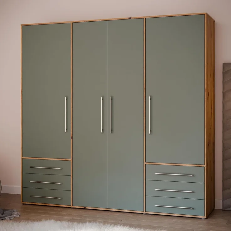 Forte MOKKARO Kleiderschrank 205, Geräumiger Schrank mit 4 Drehtüren und 6 Schubladen, Artisan Eiche Dekor/Salbei, 205,9 cm breit, 200 cm hoch, 53 cm tief