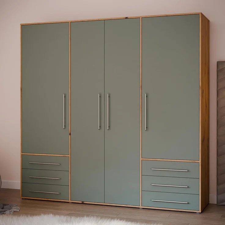 Forte MOKKARO Kleiderschrank 205, Geräumiger Schrank mit 4 Drehtüren und 6 Schubladen, Artisan Eiche Dekor/Salbei, 205,9 cm breit, 200 cm hoch, 53 cm tief – Bild 1