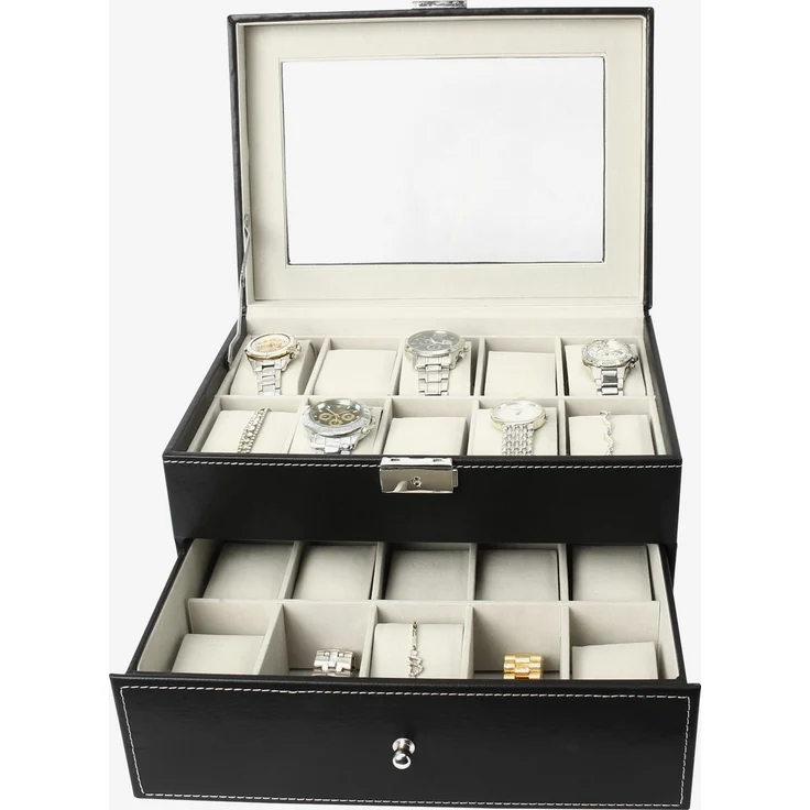 Todeco - Uhrbox, Uhr und Armband Aufbewahrung - Material der Box: MDF - Kissenmaterial: Samt - 20 Uhren mit Schublade und Display, Schwarz/Beige – Bild 4