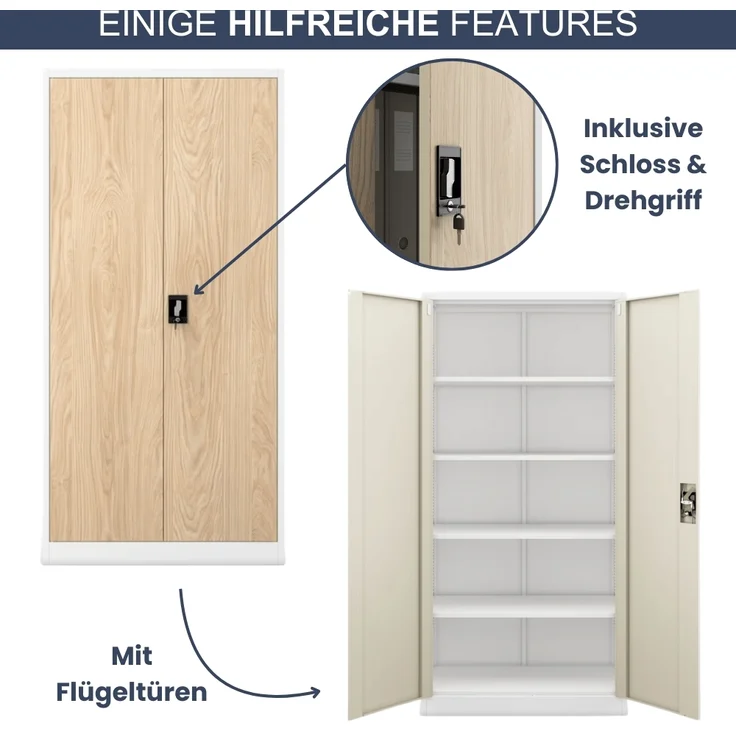 Aktenschrank abschließbar KADO - 5 Ebenen verstellbar, Flügeltüren | Metallschrank Werkstatt Mehrzweckschrank Büroschrank aus Stahl Werkzeugschrank, 195x90x40cm Weiß-Sonoma Eiche – Bild 5