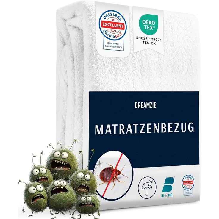 Dreamzie Matratzenbezug 140 x 190 x 25 cm gegen Milben und Bettwanzen - Milbenbezug Matratzen Komplett mit Reißverschluss - Matratzenschoner 140x190 für Allergiker - Wasserdicht, Bi-Ome und Öko-Tex