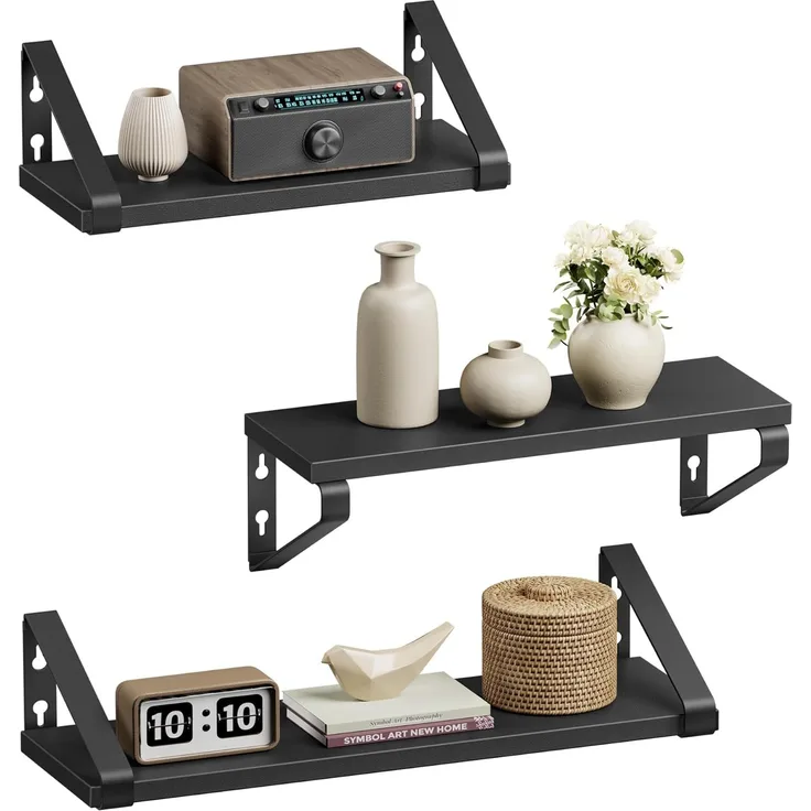 VASAGLE Wandregal, Schweberegal, 3er Set, Regalbrett, 2 Montagemöglichkeiten, Regal zur Präsentation, für Wohnzimmer, Küche, Arbeitszimmer, Badezimmer, tintenschwarz-Mattschwarz LWS033B10