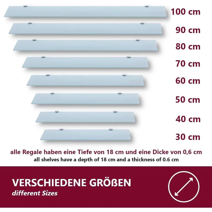 HOOZ Wandregal aus Sicherheitsglas mit Halterung - Weiß - 70 x 18 x 0,6 cm, 1-tlg, mit geschliffenen Kanten – Bild 8