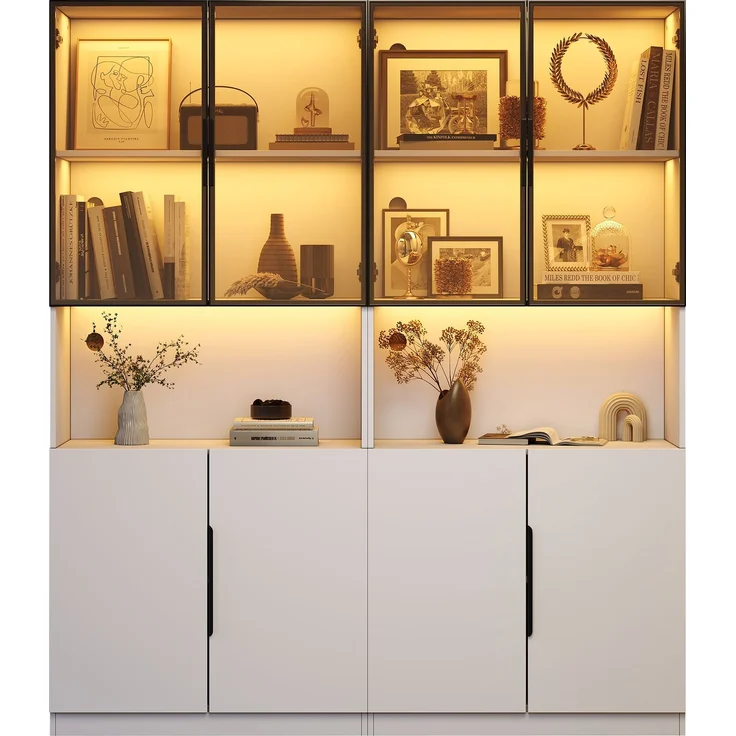 Moderne minimalistische Vitrine mit Glastüren, Vitrine mit LED-Leuchten, Bücherregal für Sammlerstücke, einstellbare Farbtemperatur und Helligkeit, weiße 30*160*200cm--Weiß--94.49x50.8x19.51cm--YOUDENOVA – Bild 6