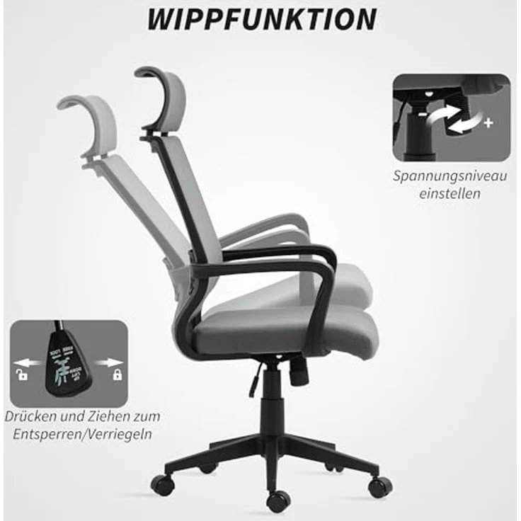 HOMCOM Bürostuhl, Ergonomischer Schreibtischstuhl mit Armlehne, Kopfstütze, Höhenverstellbarer Drehstuhl mit Wippfunktion, Computerstuhl mit Kunstwolle-Optik, Dunkelgrau – Bild 6