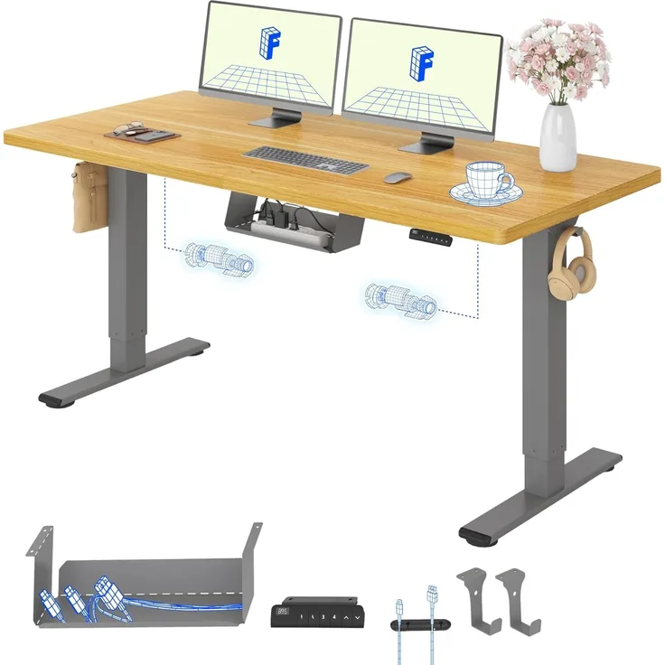 FLEXISPOT Basic Plus Elektrisch Höhenverstellbarer Schreibtisch (140x80 cm) mit Tischplatte 2-Fach-Teleskop, Sitz- & Stehpult mit Memory-Steuerung (ahorn+grau Gestell)