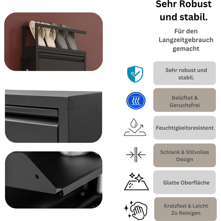 Schuhkipper mit Zubehör, Schwarz, 4 Klappen 52x15x151 cm, Pantoffelregal, Hakenleiste – Bild 3