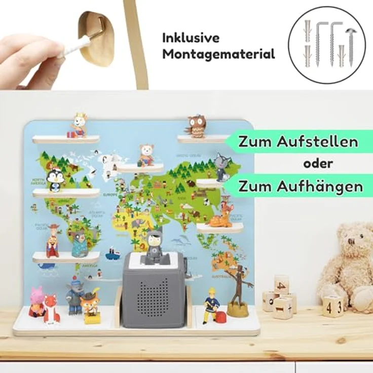 stadtecken Holzregal für Musikbox I Geeignet für die Toniebox und ca. 50 Tonies I Perfekte Tonie Aufbewahrung im Kinderzimmer I Zum Aufstellen oder Aufhängen I Atlas 2, groß – Bild 8