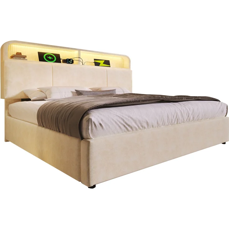 EINHOM Polsterbett Einzelbett 140 x 200 cm mit Höhenverstellbarem Stauraum-Kopfteil, Hydraulisches Bett mit LED-Beleuchtung & USB/Type-C Ladestation, Samt, Lattenrost, Beige (Ohne Matratze) – Bild 7