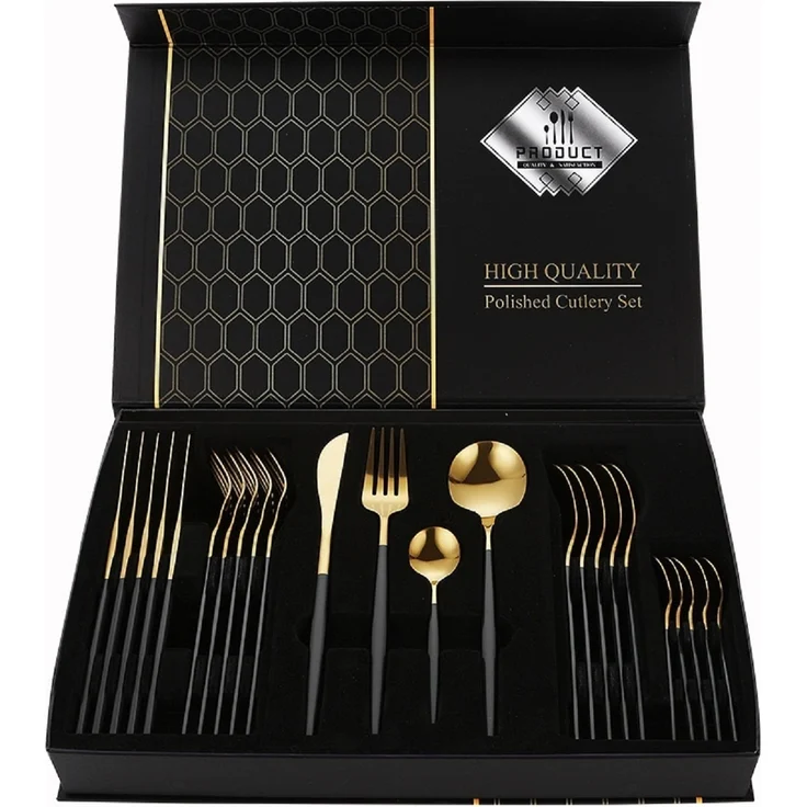 Besteckset Gold 6 Personen 24-tlg Edelstahl Essbesteck Besteck Set Geschenkbox – Bild 4