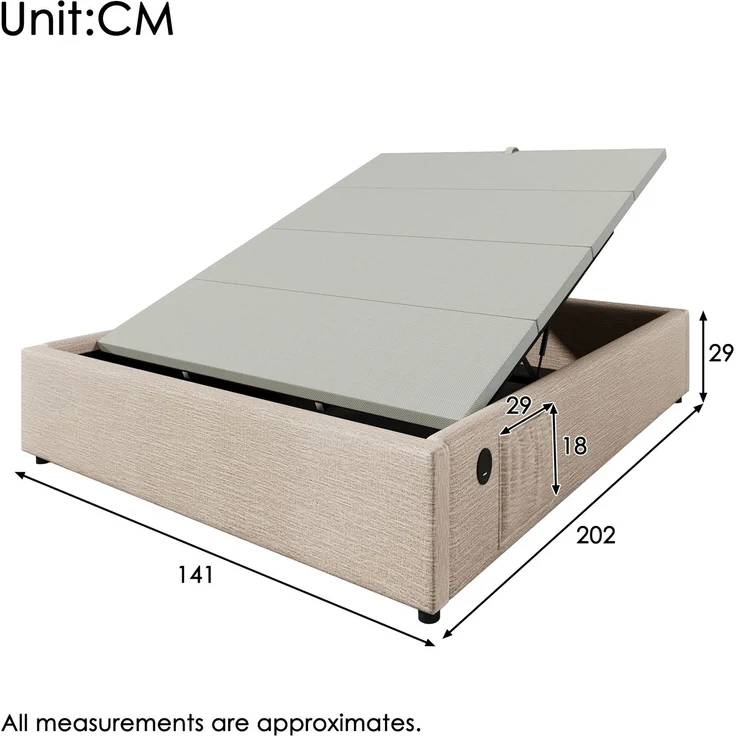 Polsterbett Doppelbett 140×200 cm, Struraumbett Bettgestell mit USB- C und Vollflächiger Lattenrost, Ohne Kopfteil, Leinen, Natürlich – Bild 2