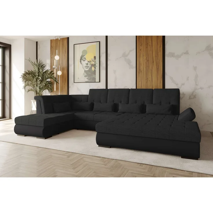 99rooms Felicia Wohnlandschaft Velours MANILA Schwarz Chenille EDEN Schwarz Rechts