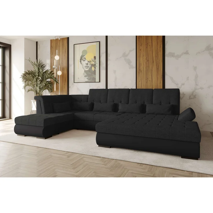 99rooms Felicia Wohnlandschaft Velours MANILA Schwarz Chenille EDEN Schwarz Rechts – Bild 1