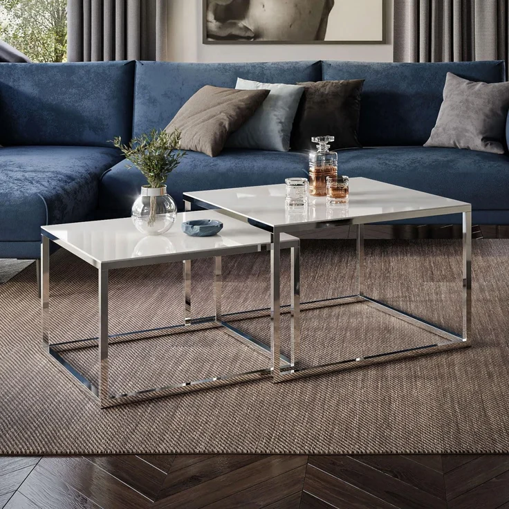 Lookway Couchtisch YOSHI GLASS 2in1 Chromgestell mit Glassplatte (2er-Set), Breite: 70 cm und 60 cm – Bild 2