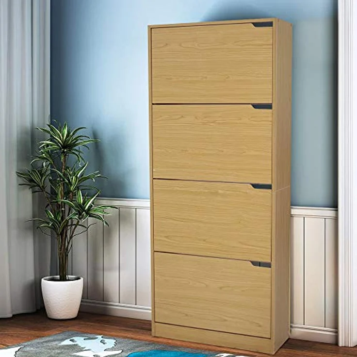 BAKAJI Schuhschrank mit 4 Klappen, Schuhregal, Schuhkipper, Schuhkommode 4 Tiefen Fächern, Verstellbar - Flur, Diele, Wohnzimmer, Schlafzimmer, 63 x 24 x 150 cm, platzsparend, Eingangshaus (Eiche) – Bild 3