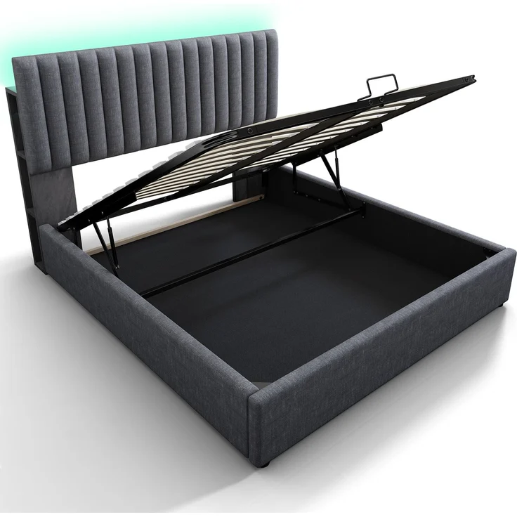 Polsterbett 140×200 cm aus Leinen-Stoff mit LED-Beleuchtung und USB-C-Ladestation, grau – Bild 7