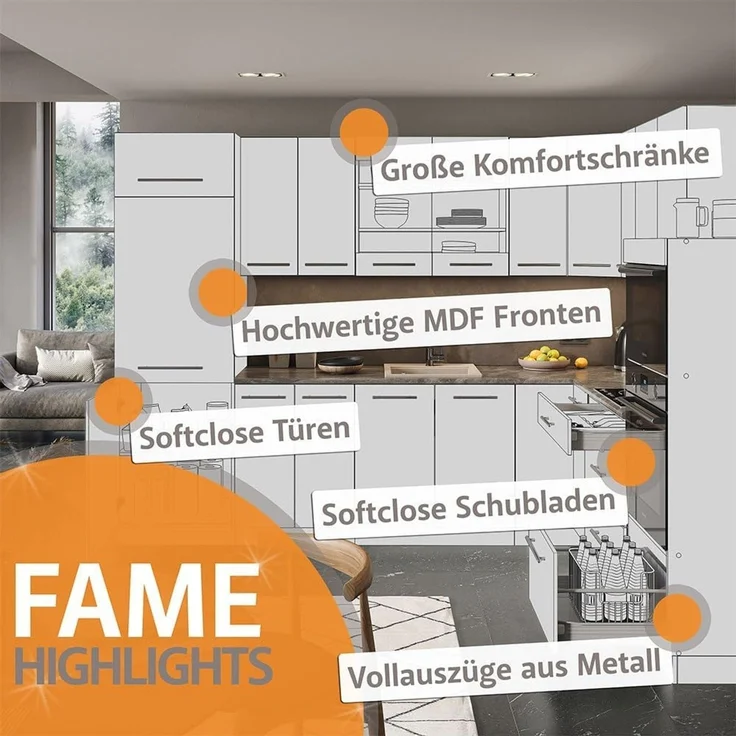 Eckküche Fame-Line Weiß Landhaus/Goldkraft Eiche 190 x 160 cm, AP Marmor Vicco – Bild 4