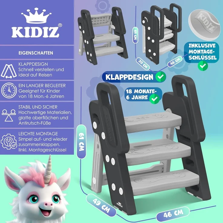 KIDIZ® Tritthocker für Kinder Trittleiter Klappbar mit 3 Stufen | Faltbarer Lern-Turm ab 18 Monaten bis 6 Jahren | Robust | Sicherer & Stabiler Trittschemel | Höhenverstellbar Rutschfest Anthrazit / Grau – Bild 2