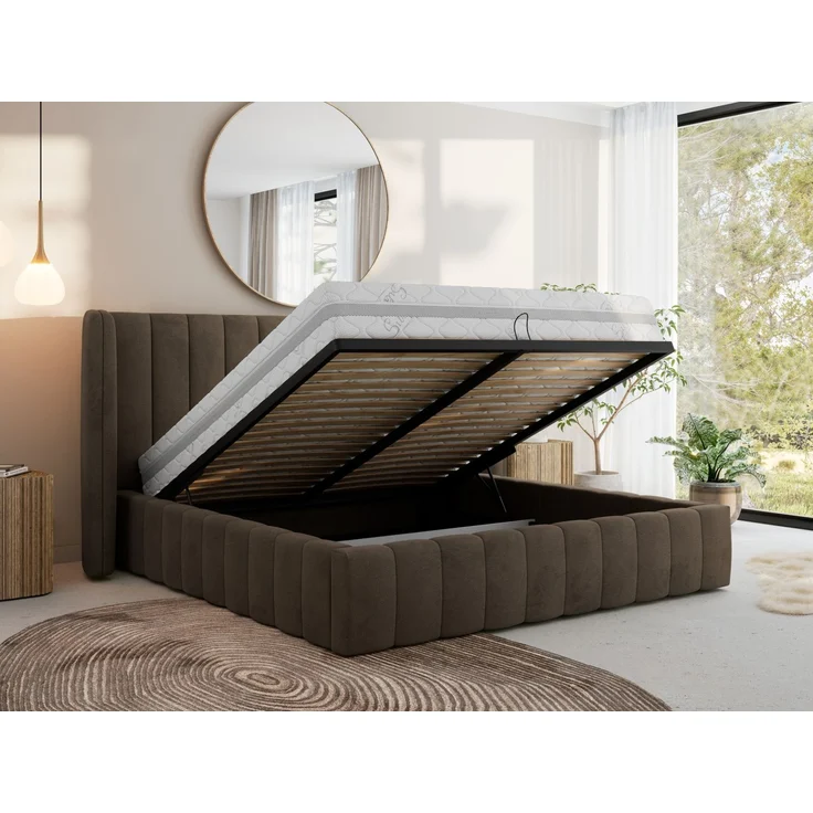 Polsterbett GOLETTA CLASSIC 160 x 200 cm mit gepolstertem Kopfteil, stabilem Bettrahmen, Lattenrost und Bettkasten mit Gasdruckfedern, Doppelbett, zeitloses Design Foam Matratze - Braun Velvet - MIRO LUX – Bild 3