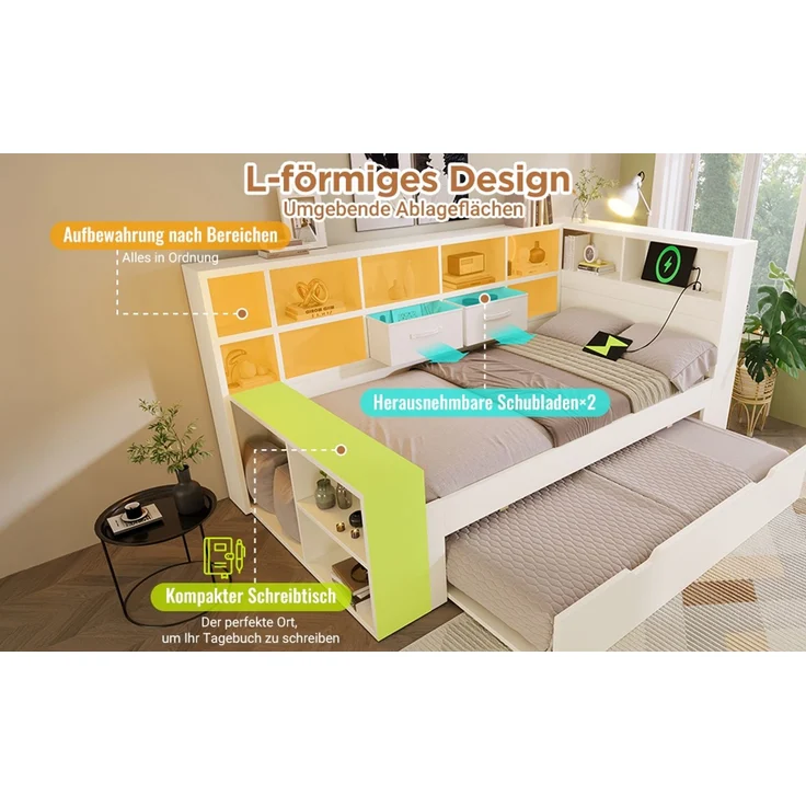 TavilaEcon Stauraumbett Holzbett mit Ausziehbett, 8 Staufächern & USB-/Type-C-Ladeanschlüssen weiß Liegefläche 140 × 200 cm – Bild 8