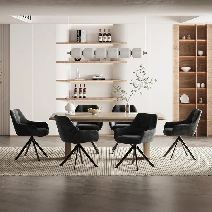 COLAMY Drehbare Esszimmerstühle 6er Set, Esszimmerstühle Drehbar mit Armlehne, Armlehnstuhl Drehbar mit Rückenlehne für Esszimmer, Stühle aus Weichem Florstoff mit Metallgestell für Küche, Schwarz – Bild 3
