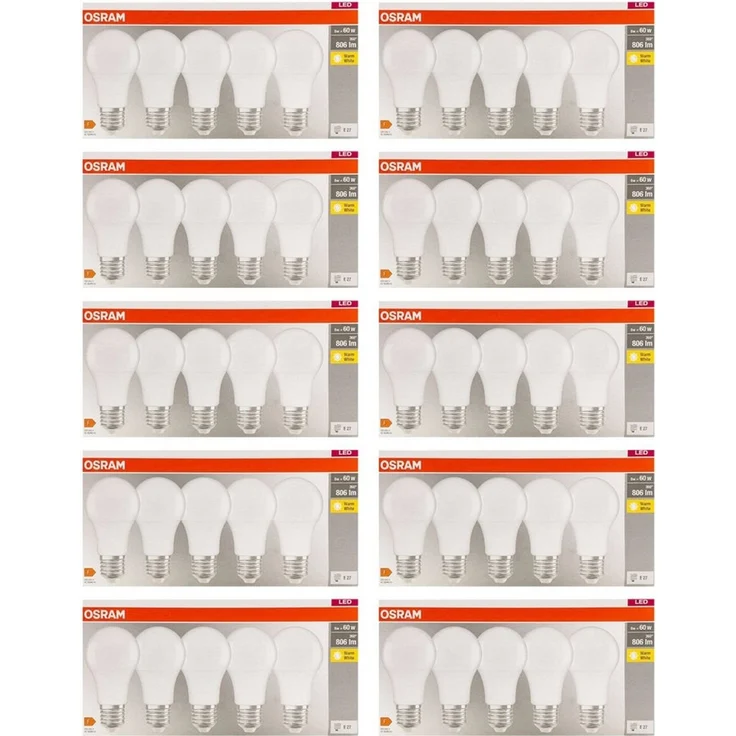 OSRAM LED-Lampe, Sockel: E27, Warm White, 2700 K, 8,50 W, Ersatz für 60-W-Glühbirne, matt, LED BASE CLASSIC A , 10 x 5er-Pack – Bild 1