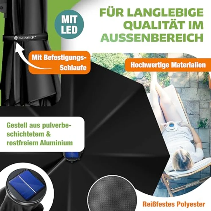 KESSER® Sonnenschirm Ampelschirm Sun Rund XL, Schwarz, Mit LED – Bild 4