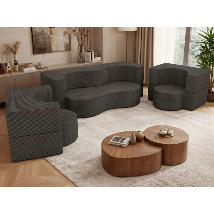 Polstermöbel-Set SANOA, Sofa mit 2 Sesseln, Schlaffunktion, Ausklappbares Sofa, 3-teiliges, Schaumstoffkern - Dunkelgrau Schmaler Cord – Bild 4