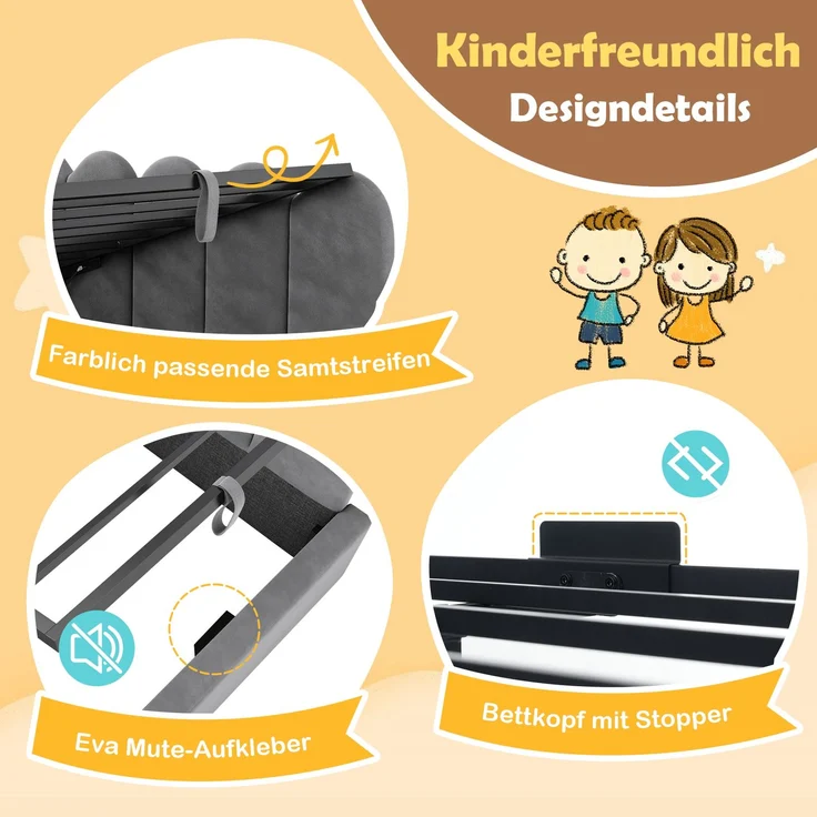 Merax Einzelbett 90x190 cm, Kinderbett, Polsterbett, Daybett, Tagesbett-Schlafsofa mit Stauraum (hydraulisch), Gästebett L-Form Samt, Grau – Bild 6