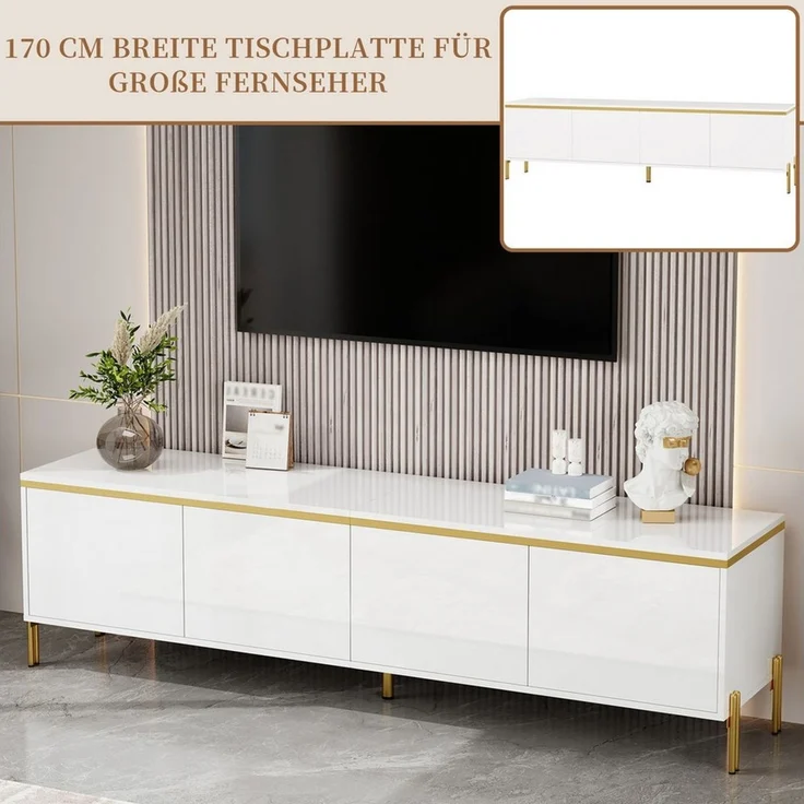 SeedWave Lowboard Wohnzimmerset mit Hochglanzfronten, 170cm TV-Schrank, 100cm Couchtisch, griffloser Fernsehschrank mit Staufächern, Metallfüßen – Bild 3