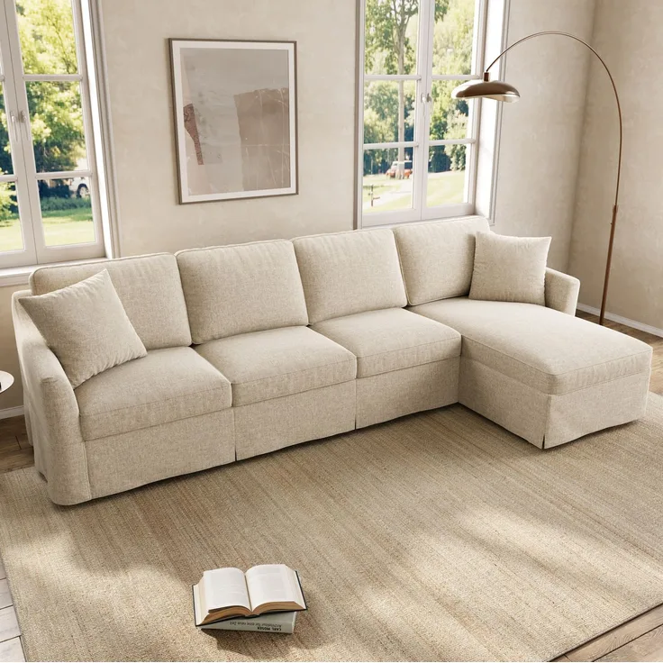 DESVIAE Sofa L-Form Beige aus Leinenoptik – 274x83x128,5 cm – Stauraum, abnehmbare Bezüge