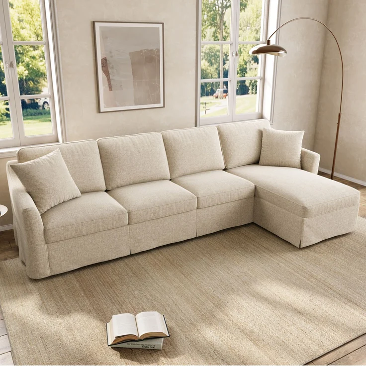 DESVIAE Sofa L-Form Beige aus Leinenoptik – 274x83x128,5 cm – Stauraum, abnehmbare Bezüge – Bild 1