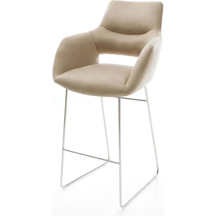 Barstuhl Yago-Flex Mikrofaser Beige Vintage Kufengestell Edelstahl Silberfarben Taschenfederkern – Bild 2