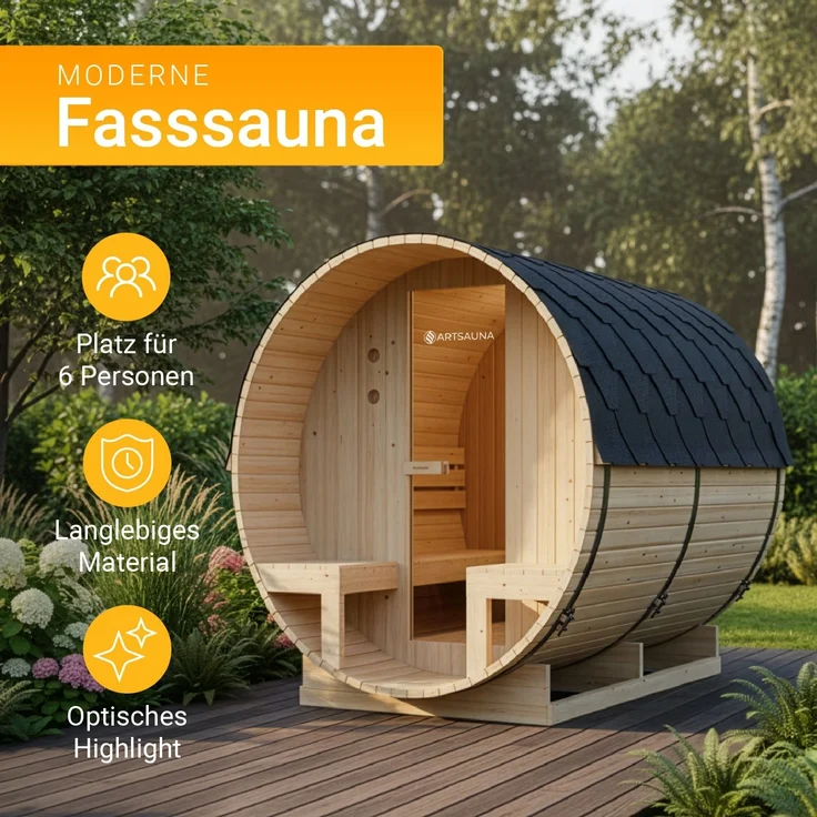 Artsauna Outdoor Fasssauna Spitzbergen 220 für 6 Personen und zwei Bänken - 8 kW Ofen, Saunasteine & Zubehör - Saunafass aus Fichtenholz - Außensauna Gartensauna – Bild 2
