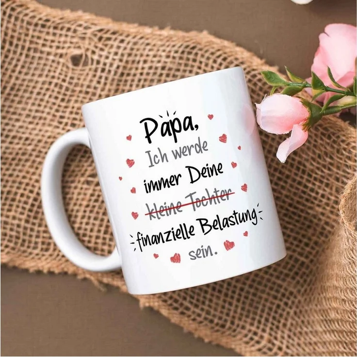 GRAVURZEILE Tasse bedruckt mit dem Spruch - Finanzielle Belastung - Lustige Geschenke, aus Keramik - Spülmaschinenfest, - Papa Tochter - Weiß – Bild 3
