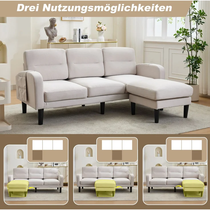 DESVIAE Sofa 3-Sitzer mit Chaiselongue und Seitentaschen 204x80x136 cm Vliesstoff Beige – Bild 4