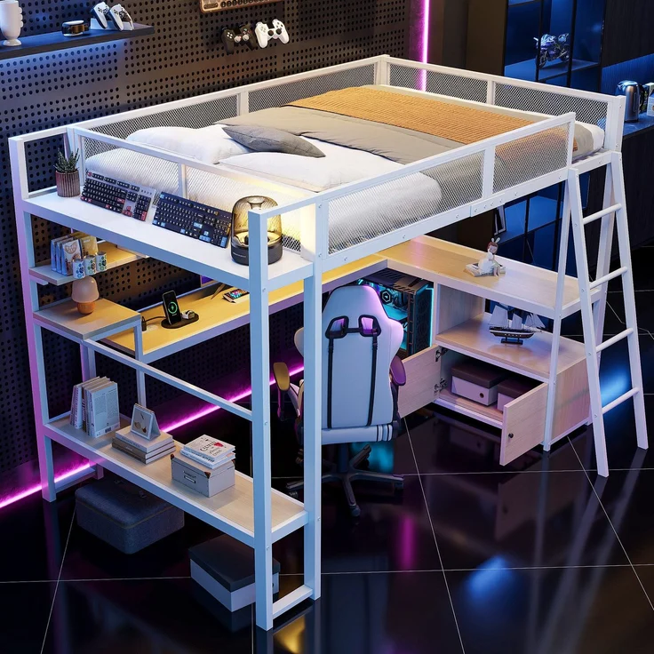 Hochbett mit Eckschreibtisch, LED-Streifen, PC-Ständer, Steckdose, USB, Rausfallschutz, Regal, Schrank, 140x200cm, Kinderbett, Jugendbett, Metallbett – Bild 1