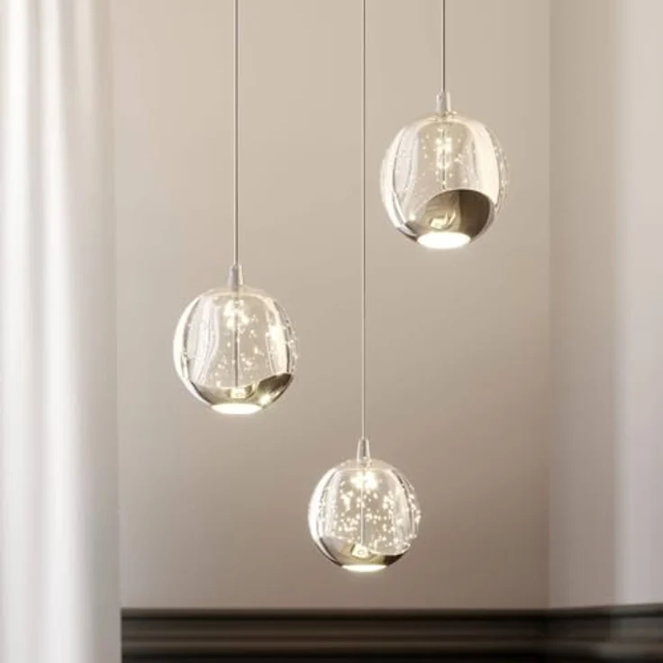 Lucande LED-Pendellampe Hayley, 3-flg. mit kugelförmigen Glasschirmen, Ø 25 cm, chrom, Blasenglas – Bild 2