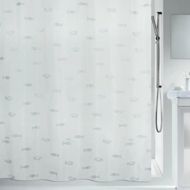 spirella Duschvorhang KOS Breite 240 cm, Premium Textil-Duschvorhang, 100% Polyester, Made in Europe, wasserabweisend, Anti-Schimmel-Effekt, waschbar 30°, Motiv "Fische", Farbe weiß-silber, mit besonderem Metallic-Effekt, Größe 240x180 cm – Bild 2