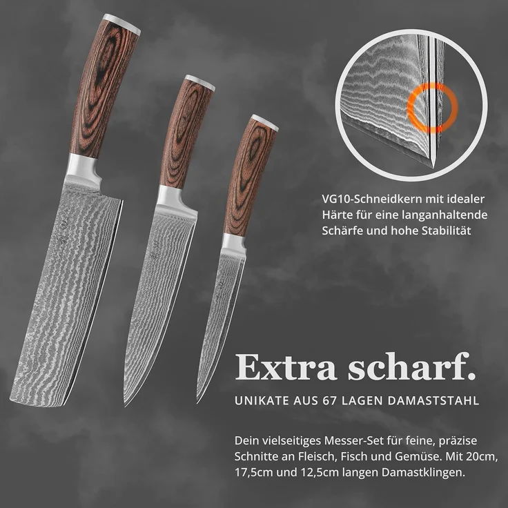 Wakoli Messer-Set 3er Damastmesser Set, Kochmesser Küchenmesser I 12,5 bis 20cm Klingen (Damastmesser mit Geschenkbox, 1-tlg, 1x Santoku, 1x Nakiri), aus 67 Lagen Damaststahl mit Kupfereinlage, VG-10 Stahlkern – Bild 3