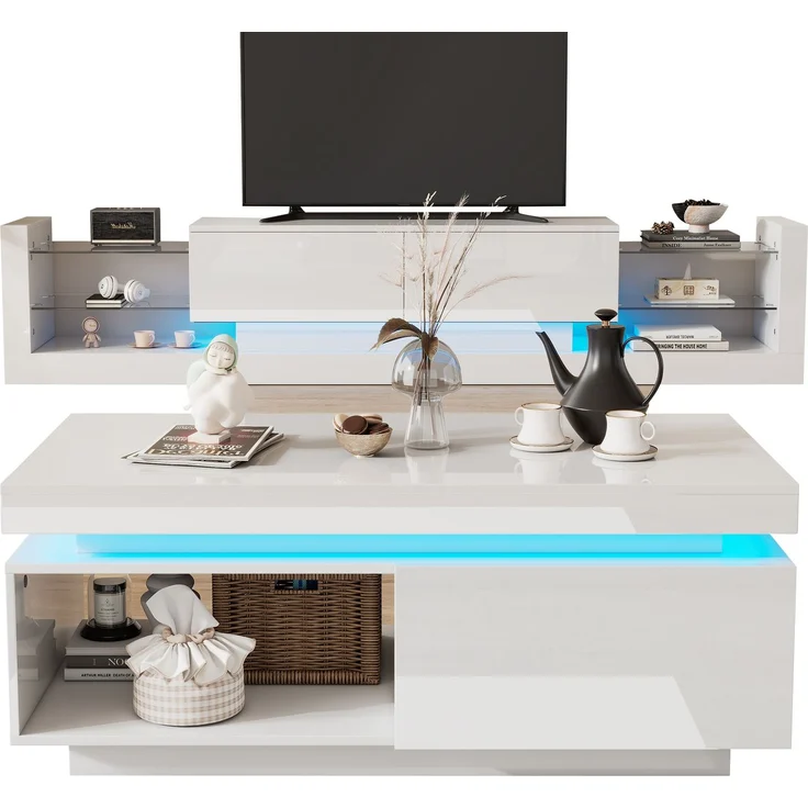 Merax TV-Wandschrank-Set, Weißes TV-Schrank + Weißes Couchtisch, Weißes Hochglanz-Wandschrank, Wohnzimmerset, Hochglanz-Set mit LED-Leuchten – Bild 10