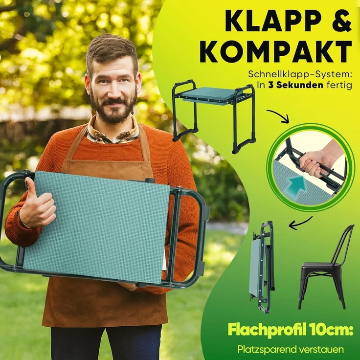 Sekey Höhenverstellbare Kniebank für Gartenarbeit Belastbarkeit 180KG, Gartenhocker Klappbar mit Werkzeugtaschen, Knie Komfort Garten, Grün – Bild 8