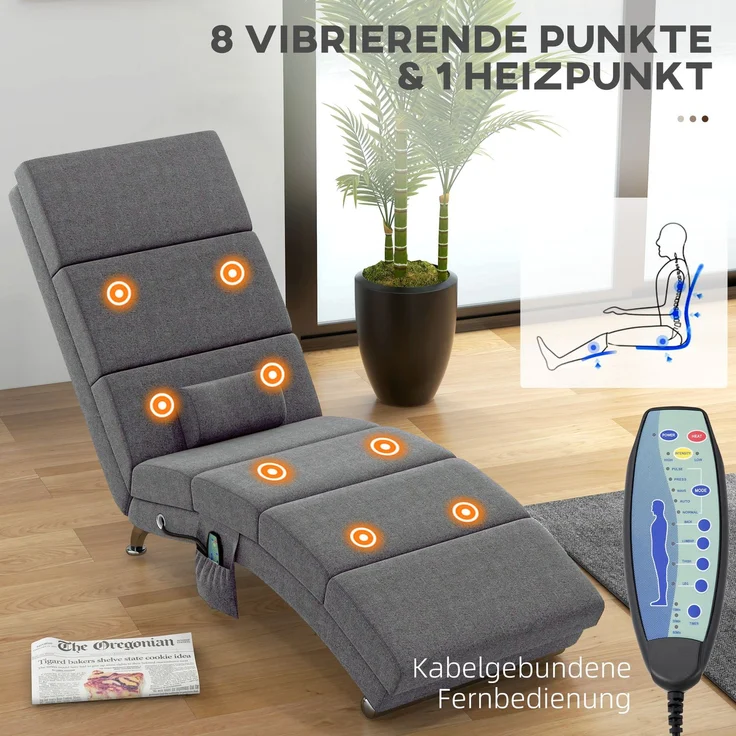 Wohnora-Massagesessel Relaxsessel Liegesessel 8 Vibrationspunkte, 5 Modi, 8 Vibrationspunkte, 56 x 168 x 84 cm, Grau,H 840cm x T 1680cm x B 560cm,Dunkelgrau – Bild 5