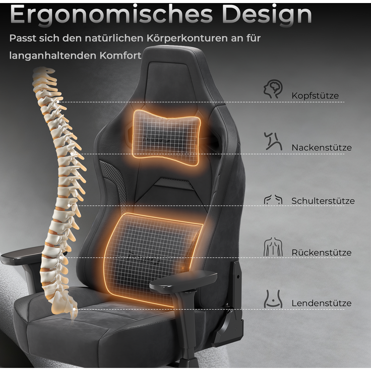 Gaming-Stuhl mit luxuriösem Wildlederimitat – ergonomisch, großzügige Sitzfläche, verstellbare Rückenlehne 90°–135°, 3D-Armlehnen,Schwarz – Bild 4