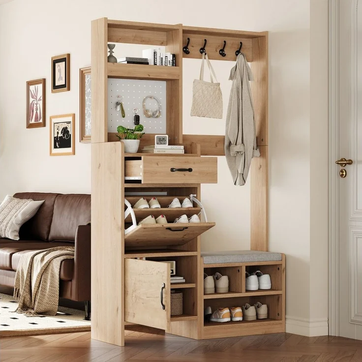 Merax Garderoben-Set in Naturholzoptik, Kompaktgarderobe mit Pegboard, (1-St, B108.5 × T35 × H180 cm), Flurgarderoben mit Schuhbank, 4 Kleiderhaken, Schublade & 2 Türen – Bild 1