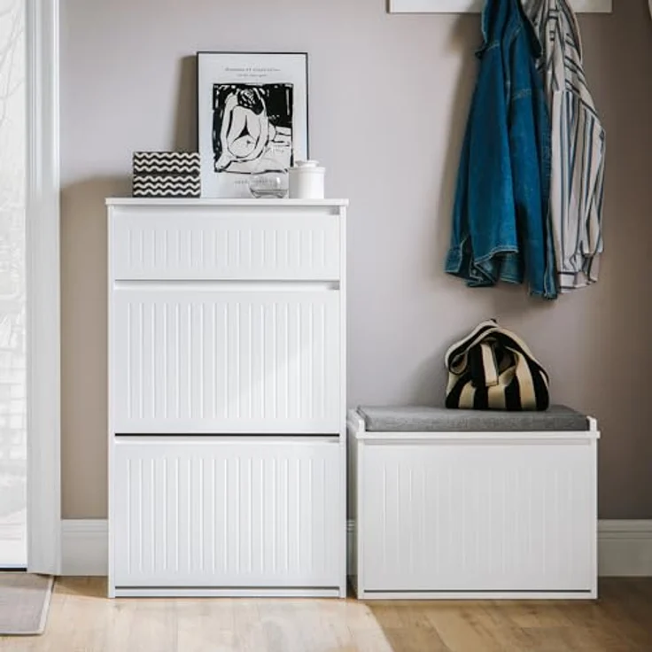 SoBuy Schuhschrank, Weiß, Holzwerkstoff, 2 Klappfächer, Schublade, 61x100x26 cm – Bild 2