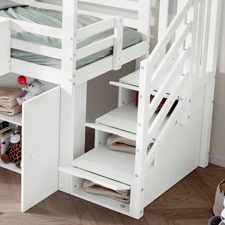 Hochbett mit Lattenrost, Kleiderschrank, Regal und Treppe, 90x200 cm, Hausbett, Kinderbett mit Rausfallschutz, Kiefer – Bild 5