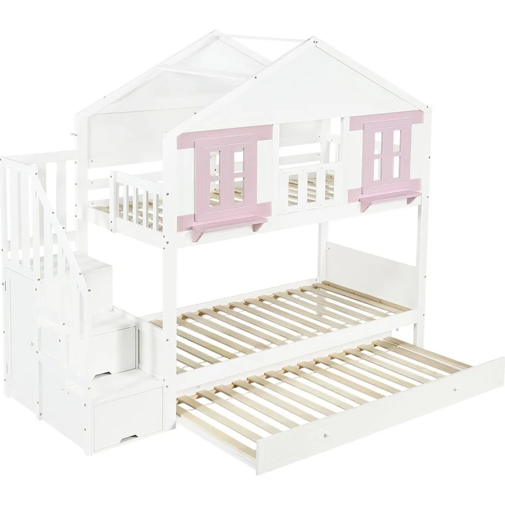 Merax Etagenbett, mit Rollbett, Kleideraufhängebereich, mit Fenster und Dach, Stabiler Lattenrost, Holz Weiß+Rosa, 90x200cm – Bild 9